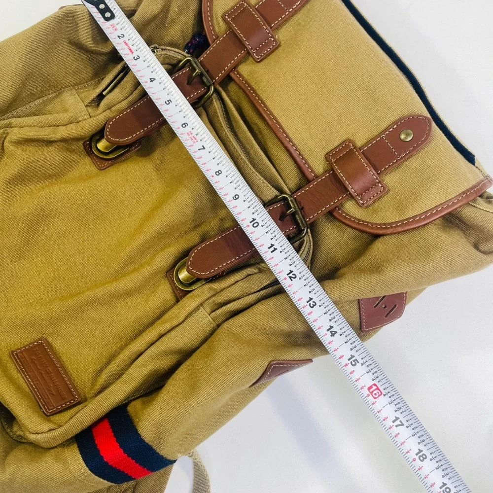 Tommy Hilfiger Canvas Rucksack Backpack Khaki Tan Brown Leather Trim Laptop Bag